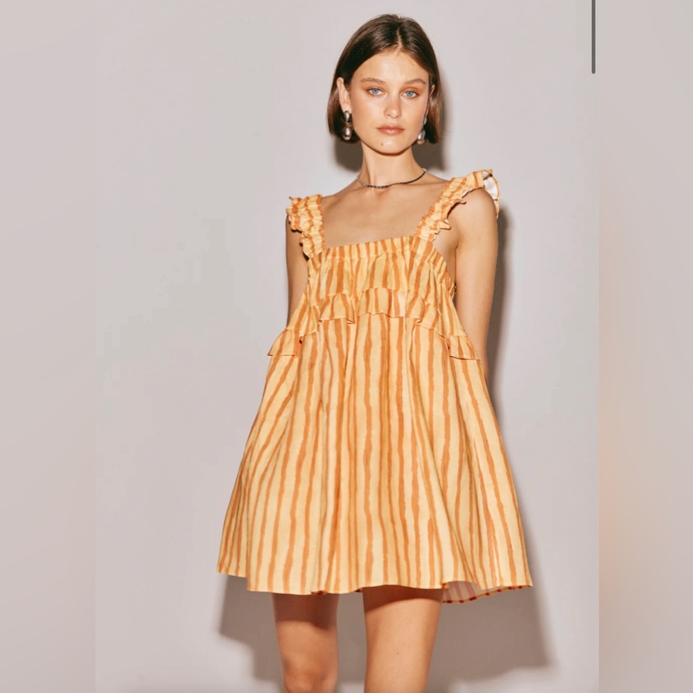 VRG Girl Malia Linen Smock Mini Dress - Stripe/Aus 8